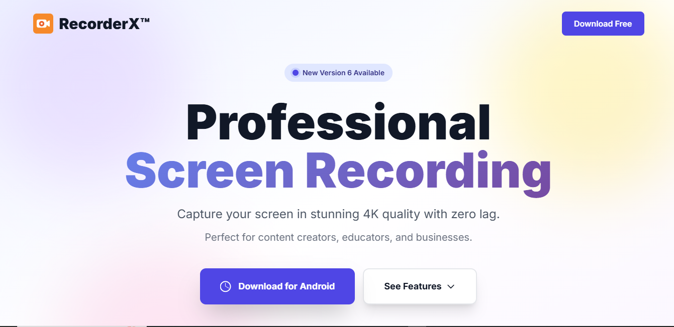 RecorderX screen recording app interface